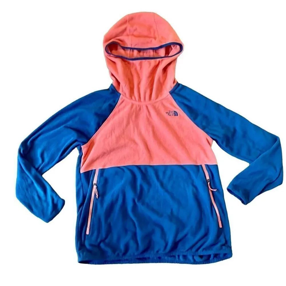 The North Face orange and navy fleece hooded pullover size m